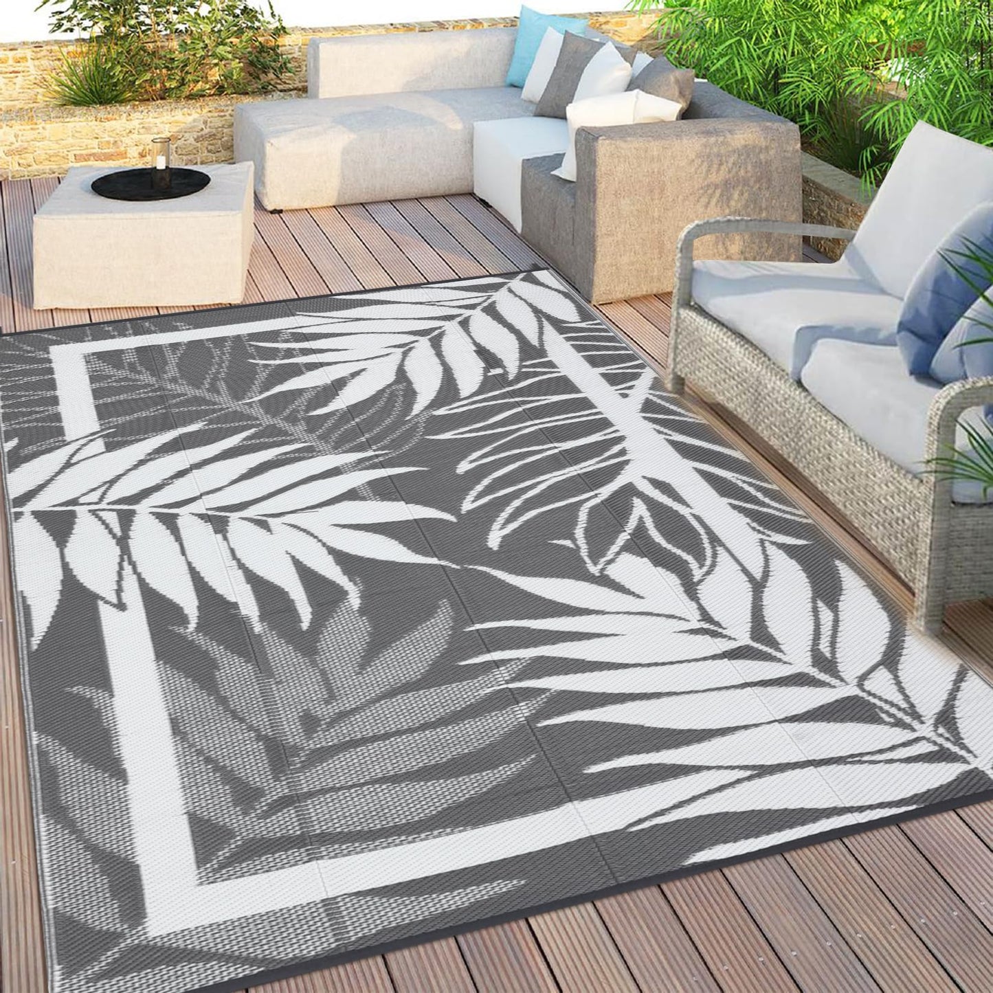 GAOMON 8'x10' Outdoor Rug Waterproof, Reversible Plastic Straw Rug for Balcony, Small Patio, Porch, RV & Camping – UV Resistant, Easy Clean, Pet Friendly Outdoor Mat for Compact Spaces, Grey&White