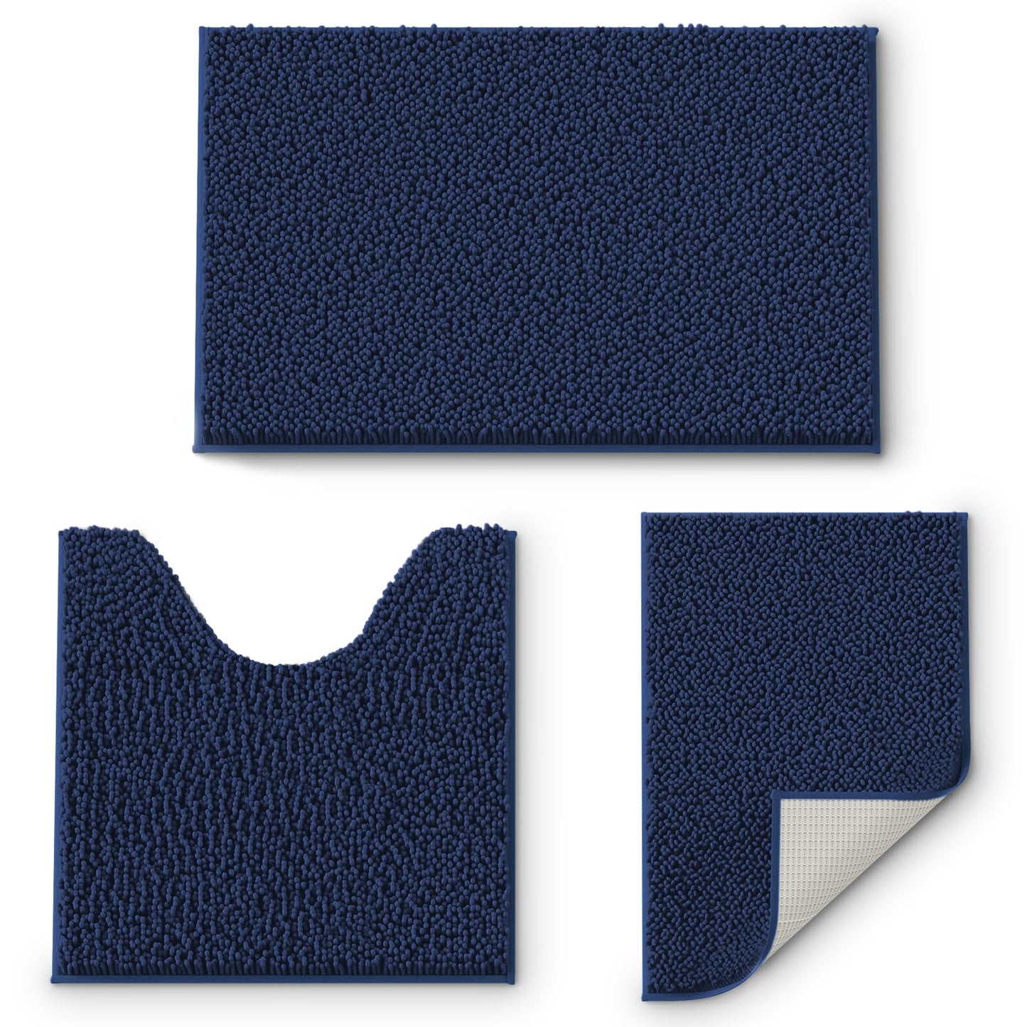 Bathroom Rugs Sets 3 Piece, Extra Soft Absorbent Chenille Bath Rugs, Non Slip Rubber Backing Machine Washable Quick Dry Bath Mats for Bathroom Floor, Tub, Shower, Home Decor Accessories, Navy Blue