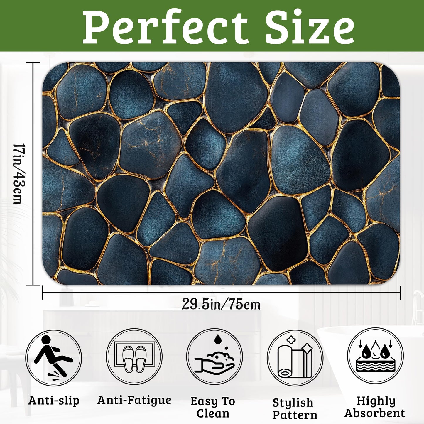 NSMNSM Blue Gold Pebbles Bath Mat Non-Slip Bathroom Rugs, Rubber Backing Absorbent Quick Dry Shower Bathroom Mats for Bathtub, Bedroom, Laundry, Christmas Decorations, 17"x 29.5"