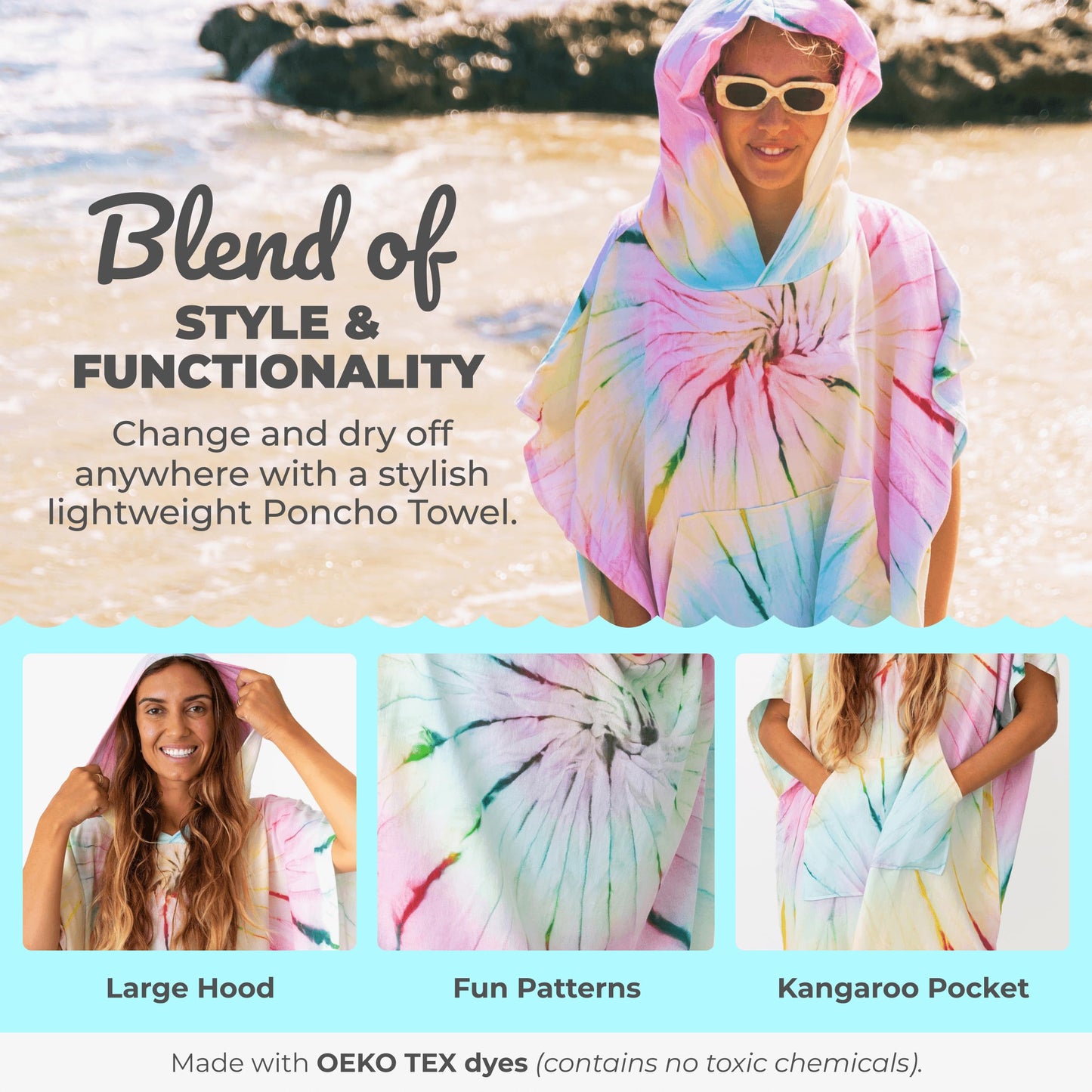 Nova Blue Surf Poncho – Large Changing Towel (33 x 37) – 100% Cotton Hooded Towel Adult for Surf Beach Pool and Swim (Multi tie-dye)