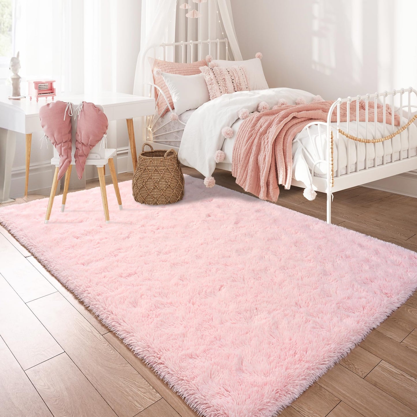Keeko Fluffy Pink Area Rugs for Bedroom Girls Room, 4x5.3 Cute Shag Kids Room Rugs Nursery Living Room Indoor Fuzzy Bedside Rug Ultra Soft Furry Carpet for Bedroom Teen Baby Dorm Decor