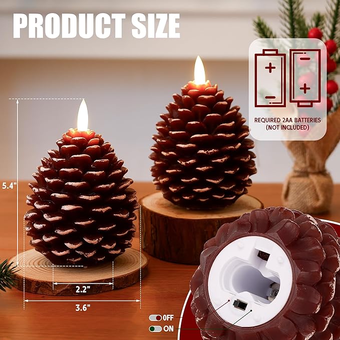 Christmas Flameless Pinecone Candles with Remote,Real Wax Battery Operated Candles, Flickering Led Pine Cone Candle for Xmas Holiday Winter Home Decoraction, 2 Pack