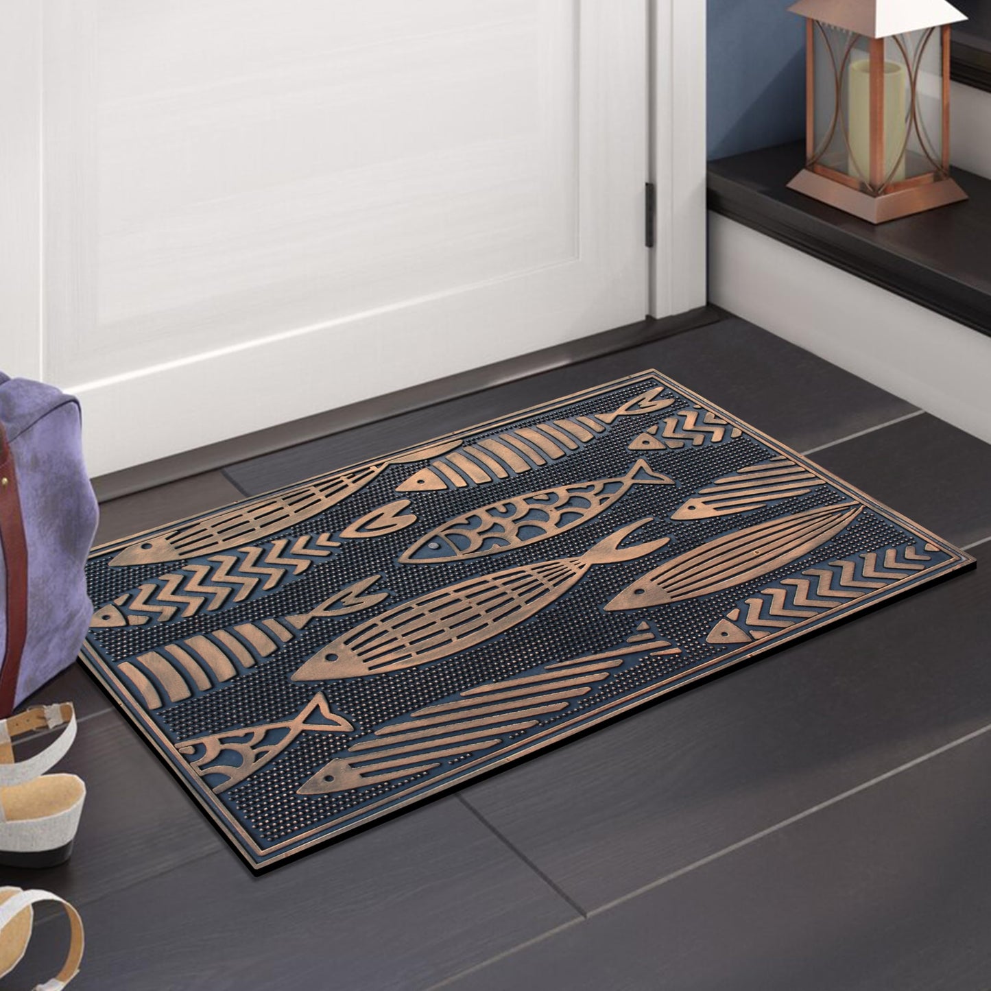 A1HC Rubber Welcome Doormat for Outdoor Indoor Entrance, Non-Slip Backing Front Door Mat for High Traffic Area Use, Fun Designed Entrymat, 18"x30" Nautical Fish