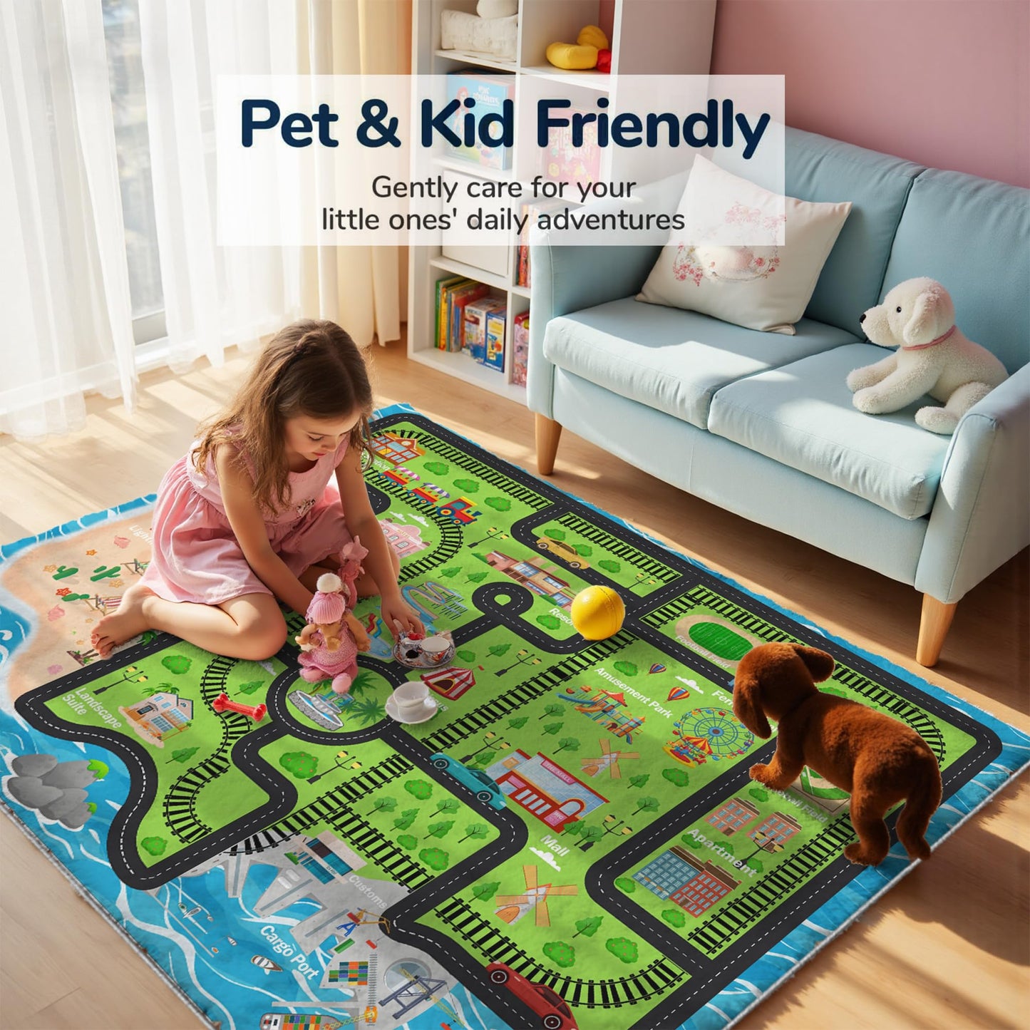 5x7ft Kids Island Train Car Play Rug - Non-Slip Faux Wool Carpet with Interactive Island Map Design, Educational Toy Vehicle Mat for Kids, Bedroom Playroom Nursery Gift.