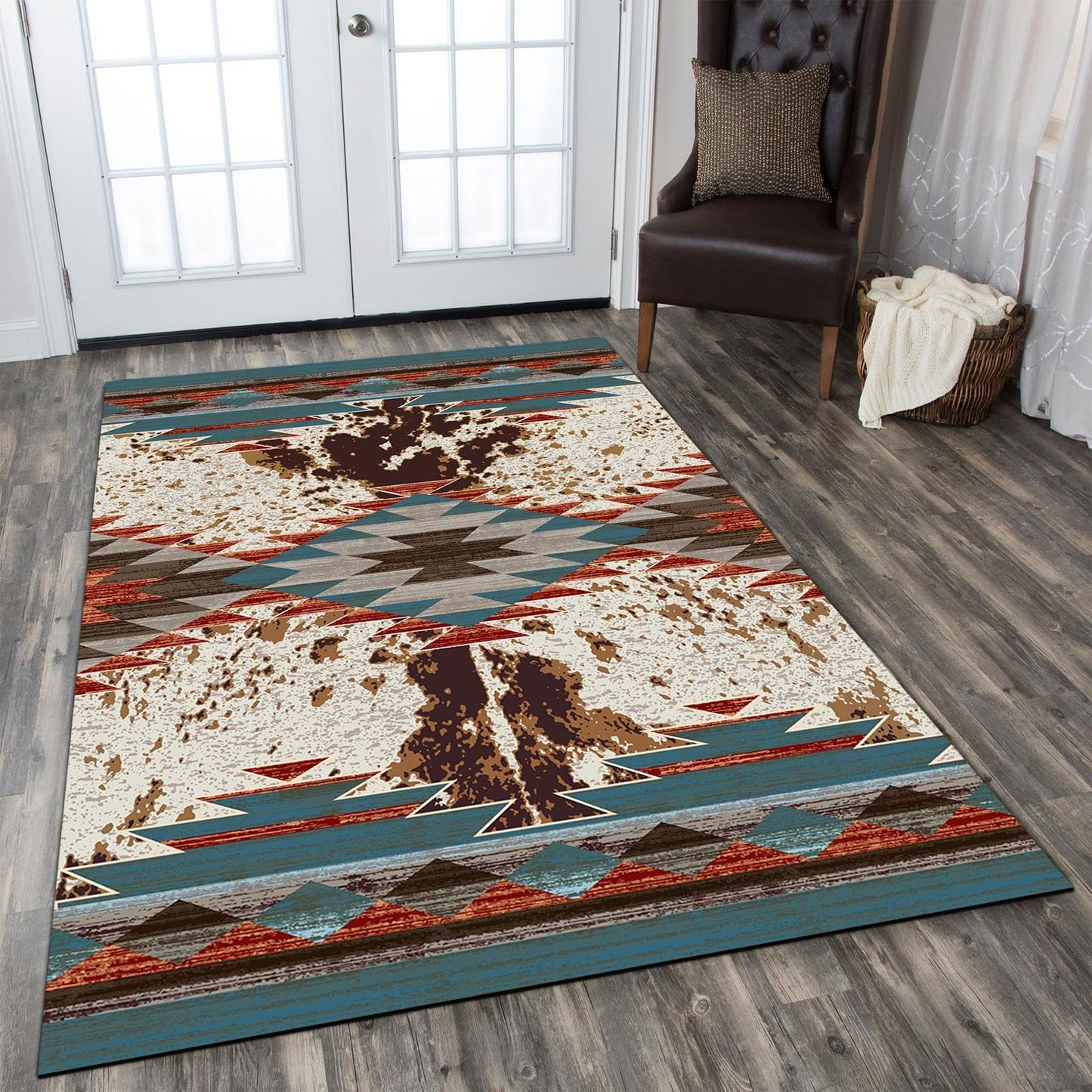 DECORAISES Combo Rustic Western 3x5 ft Area Rug, 4 Pcs Non-Slip Rug Tape, Southwestern Style, Polyester, Rectangular, Indoor, 8cm Thick, Machine-Woven, Spot Clean Only