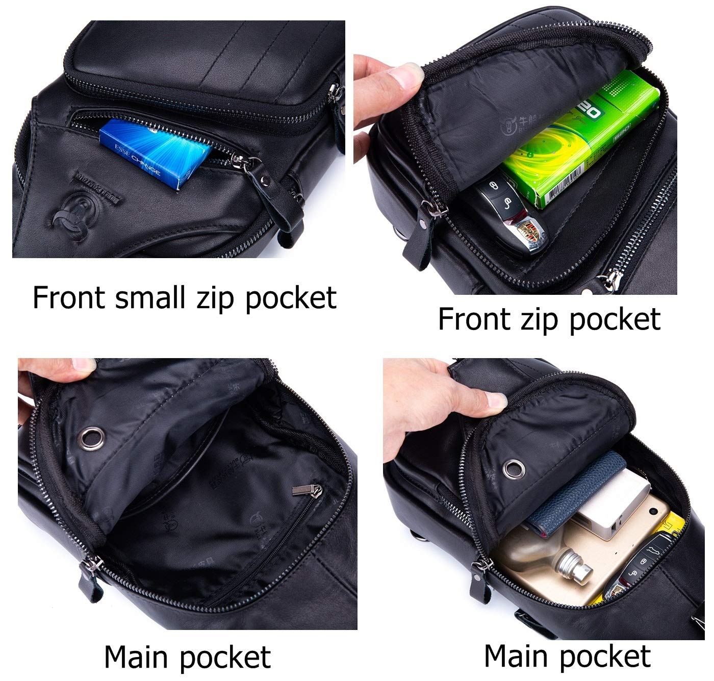 BULLCAPTAIN Leather Men Sling Bag Casual Crossbody Chest Bags Travel Daypack (Black)