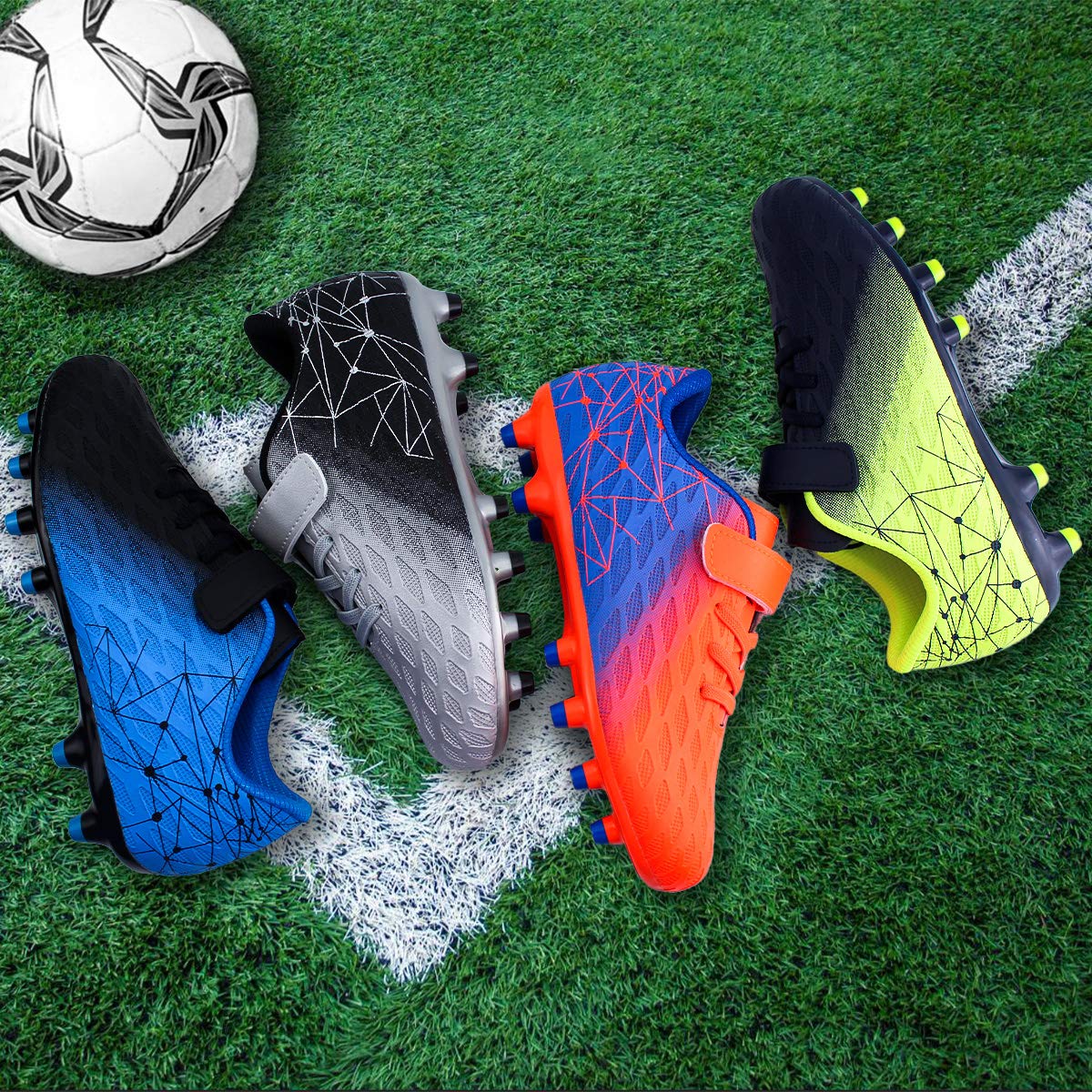 brooman Kids Firm Ground Soccer Cleats Boys Girls Athletic Outdoor Football Shoes(3.5,Orange Blue)