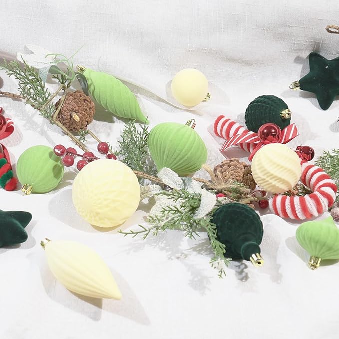 SY Super Bang 30PCS Velvet Christmas Ornaments Set, Flocked Shatterproof Assorted Hanging Xmas Tree Ball Decorations, for Home Party Holiday Decor, Deep Green, Beige, Light Green