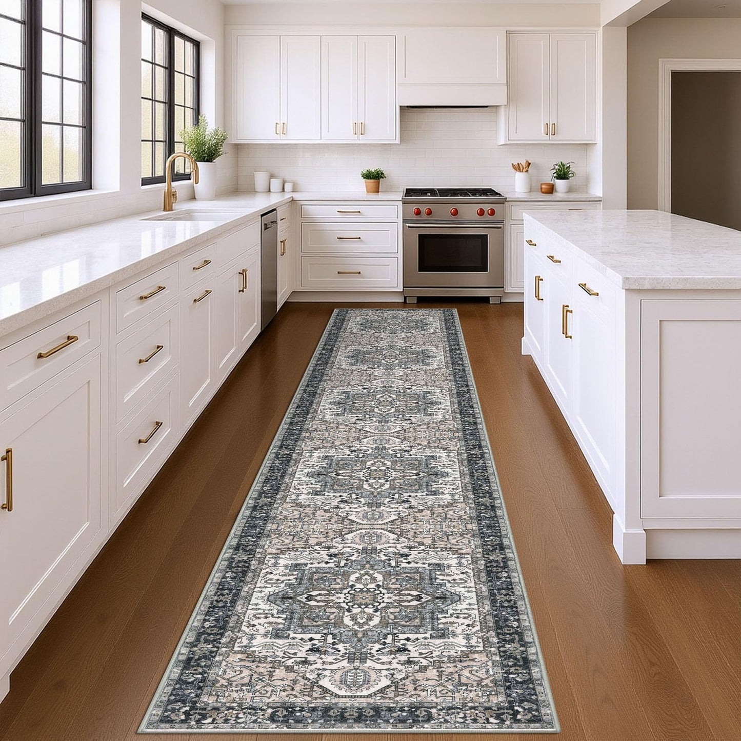 KOZYFLY Runners for Hallways 3x14 Ft Extra Long Washable Faux Wool Stair Thin Runner Rug Printed Hallway Carpet for Entryway Bedroom Stairs Kitchen Floor Accent, Black/Taupe/Beige