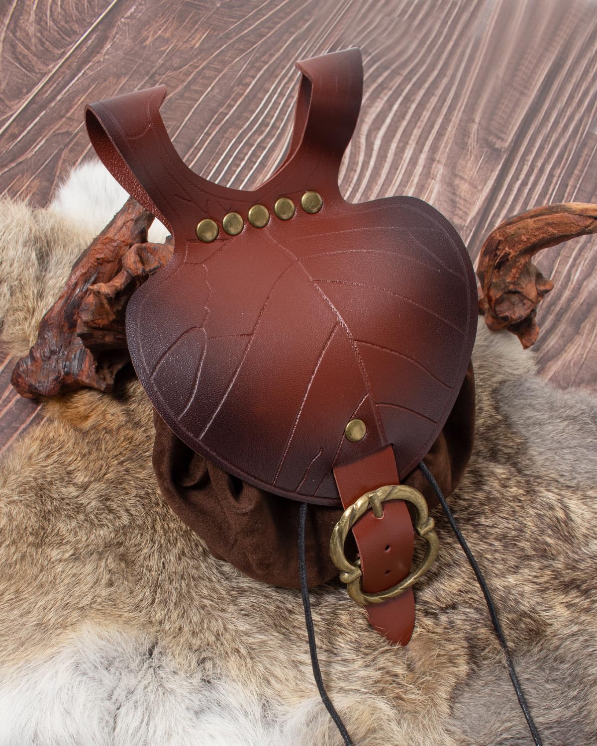 Leather Belt Pouch Medieval Vintage Renaissance Viking LARP Cosplay Costumes Drawstring Coin Purse Phone Holder Waist Bag (Leaf Brown)