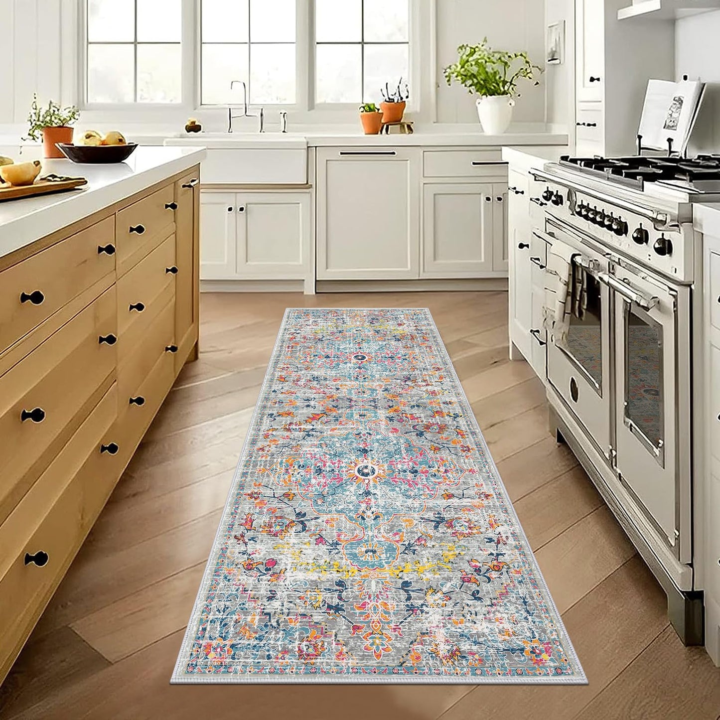Pauwer Hallway Runner Rug 2'x6' Washable Boho Farmhouse Entryway Kitchen Runner Vintage Non Slip Laundry Room Bathroom Area Rugs Rubber Backed Front Door Foyer Bedroom Floor Mat Carpet Runner, Grey