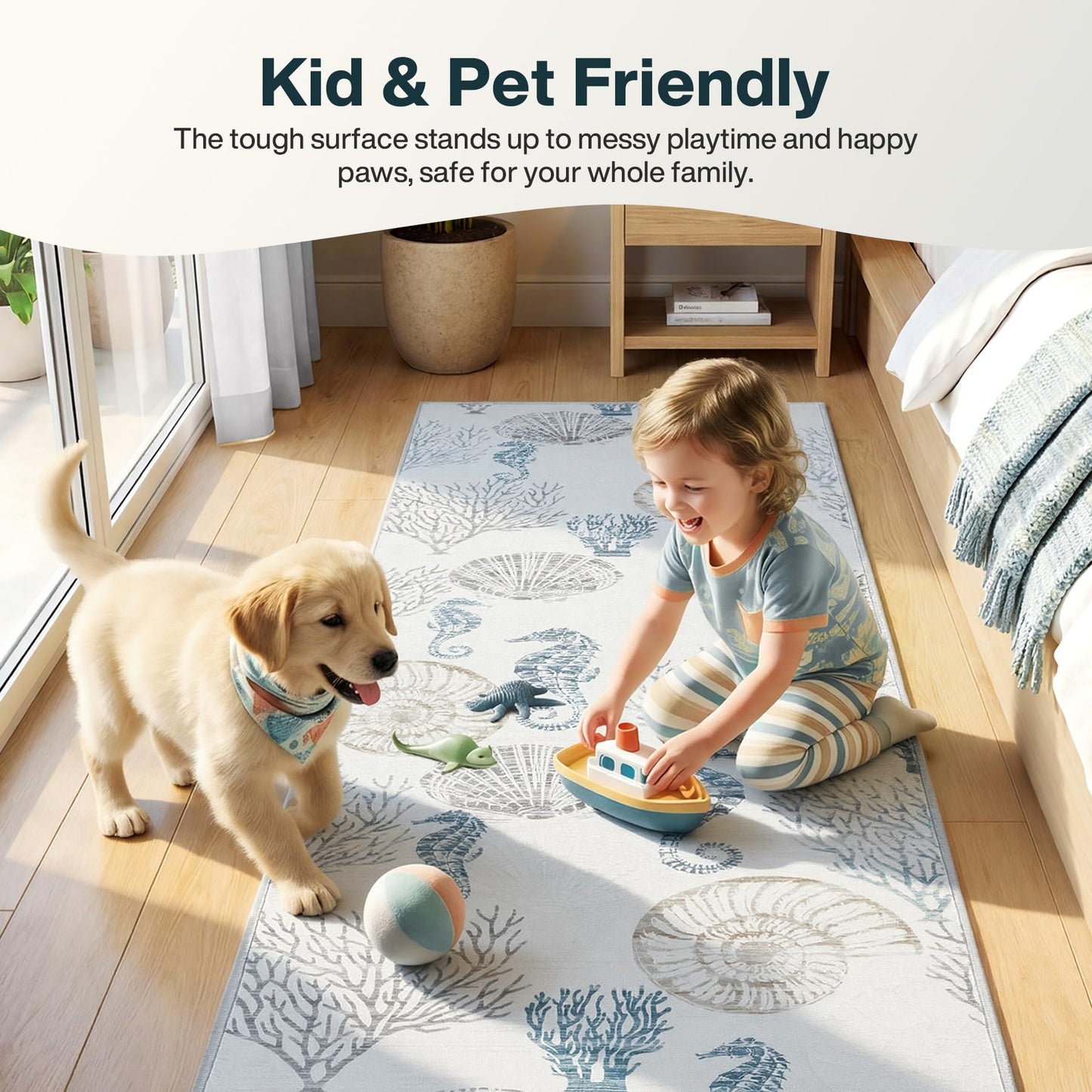 Tribesigns Boho Coastal 5x7 Washable Area Rugs for Living Room, Soft Non-Slip Rugs for Bedroom Dining Room, Large Ultra Thin Printed Carpet for Ocean Beach Dorm Kids Room Office Decor