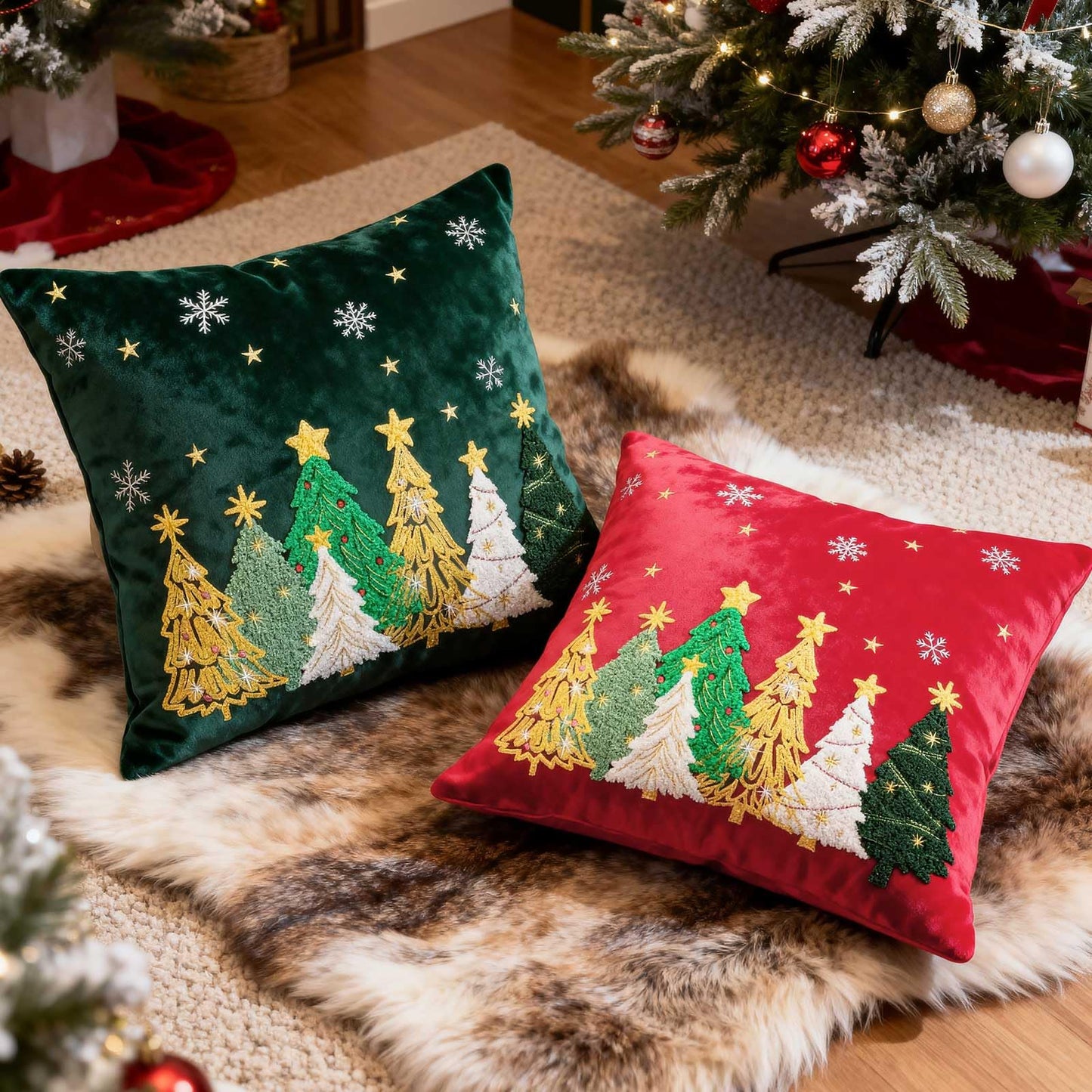 Lanpn 16x16 Christmas Pillow Covers Set of 2, Embroidery Cute Christmas Tree Decorative Holiday Pillowcase Pillow Case Cushion 16 x 16 for Indoor Home Bedroom Sofa Couch Xmas Decor