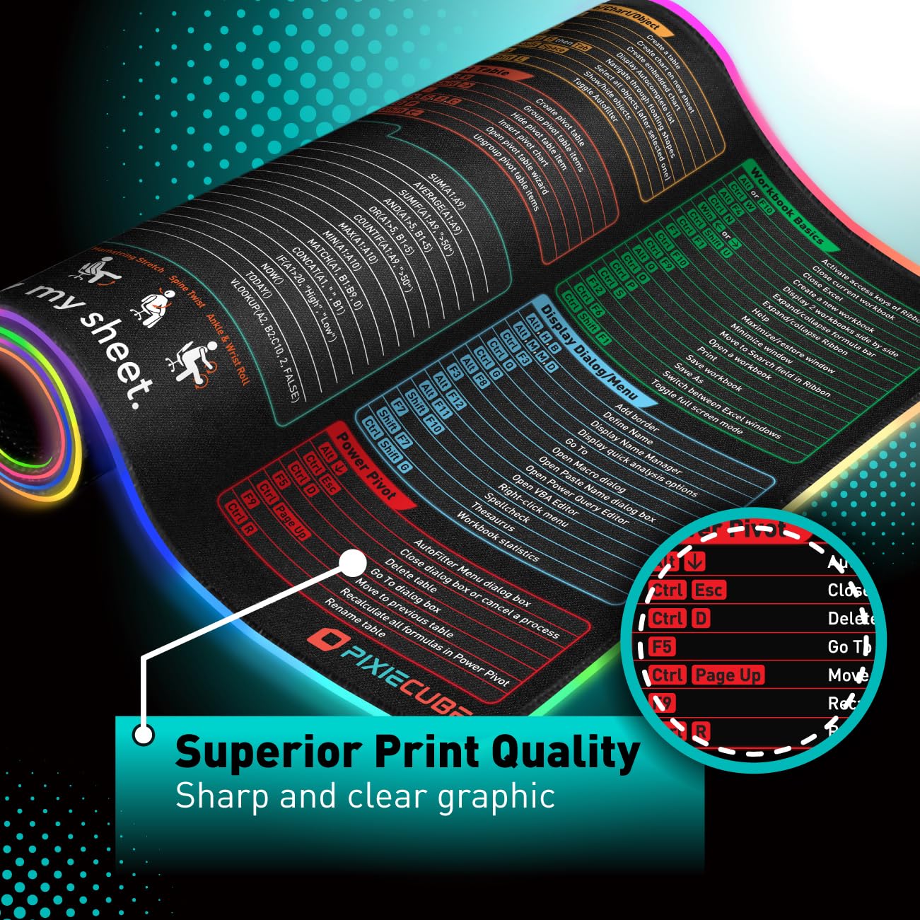 Excel Shortcut Keys LED Mouse Pad - Colorful RGB Luminous Extended Large Cheat Sheet Gaming Mousepad| PC Office Spreadsheet Keyboard Mat| Non-Slip Stitched Edge