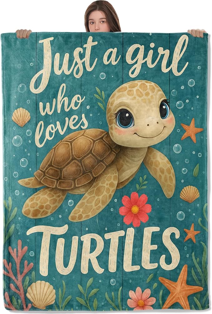 Cute Turtle Lightweight Throw Blanket, Cartoon Ocean Animal with Shell and Starfish, Warm Soft Cozy Flannel Blankets, Couch Dorm Home Decor All Season Use, 50x40in, Gifts for Girls Women