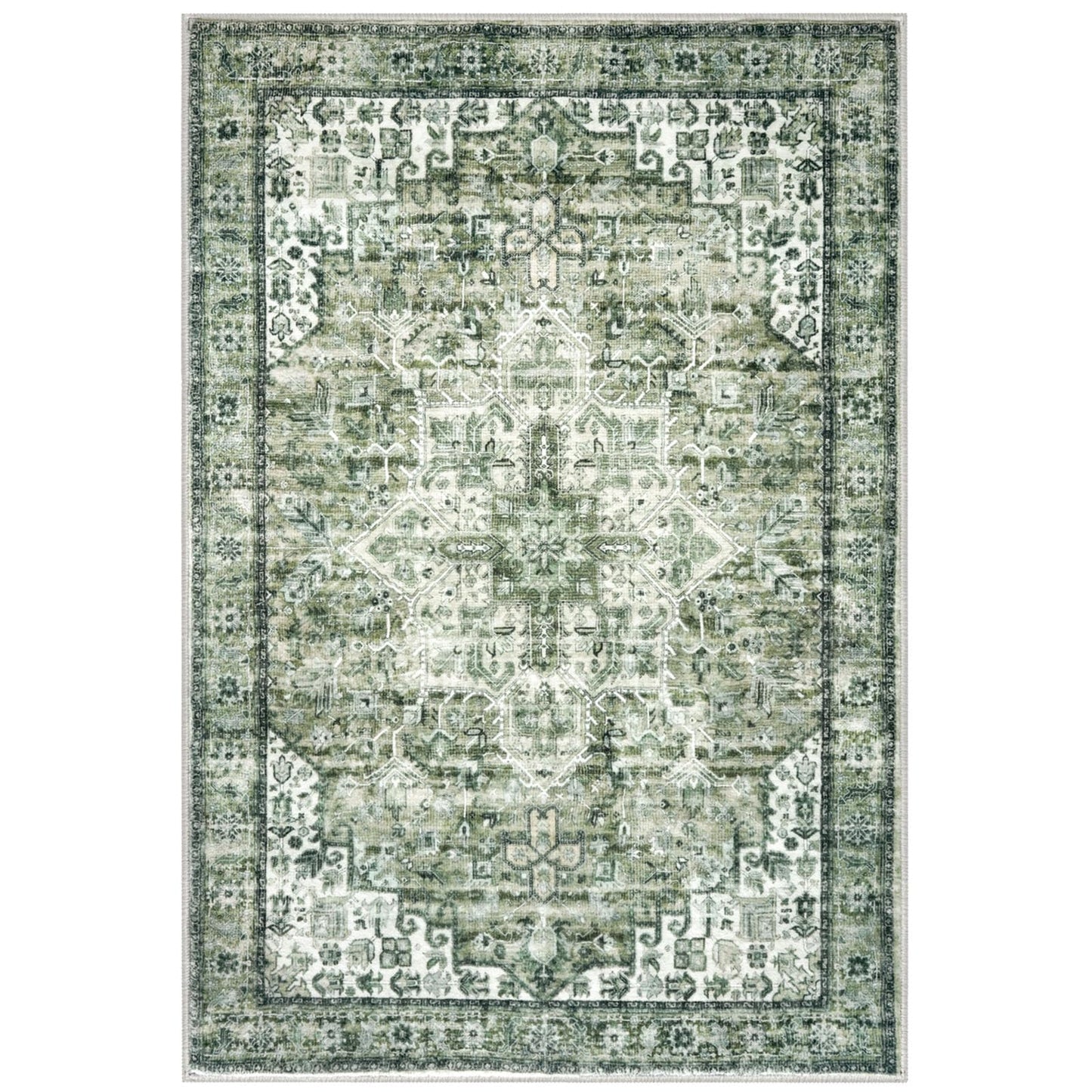 SIILOOM 2x3 Washable Rug for Entryway, Green Soft Traditional Printed Area Rug, Non-Slip Kitchen Rugs, Low-Pile Medallion Indoor Door Mat, Farmhouse Carpet for Entrance Kitchen Foyer