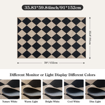 Lahome Colette Checkered Easy Jute 3x5 Outdoor Patio Rug, Washable Rugs for Entryway Diamond Indoor Outdoor Living Room Carpet, Farmhouse Neutral Non Slip Black Door Carpet for Backyard Bedroom