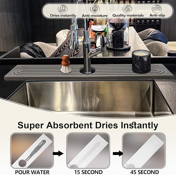 Stone Faucet Mat For Kitchen Sink, 15.7" Diatomite Fast Drying Stone Kitchen