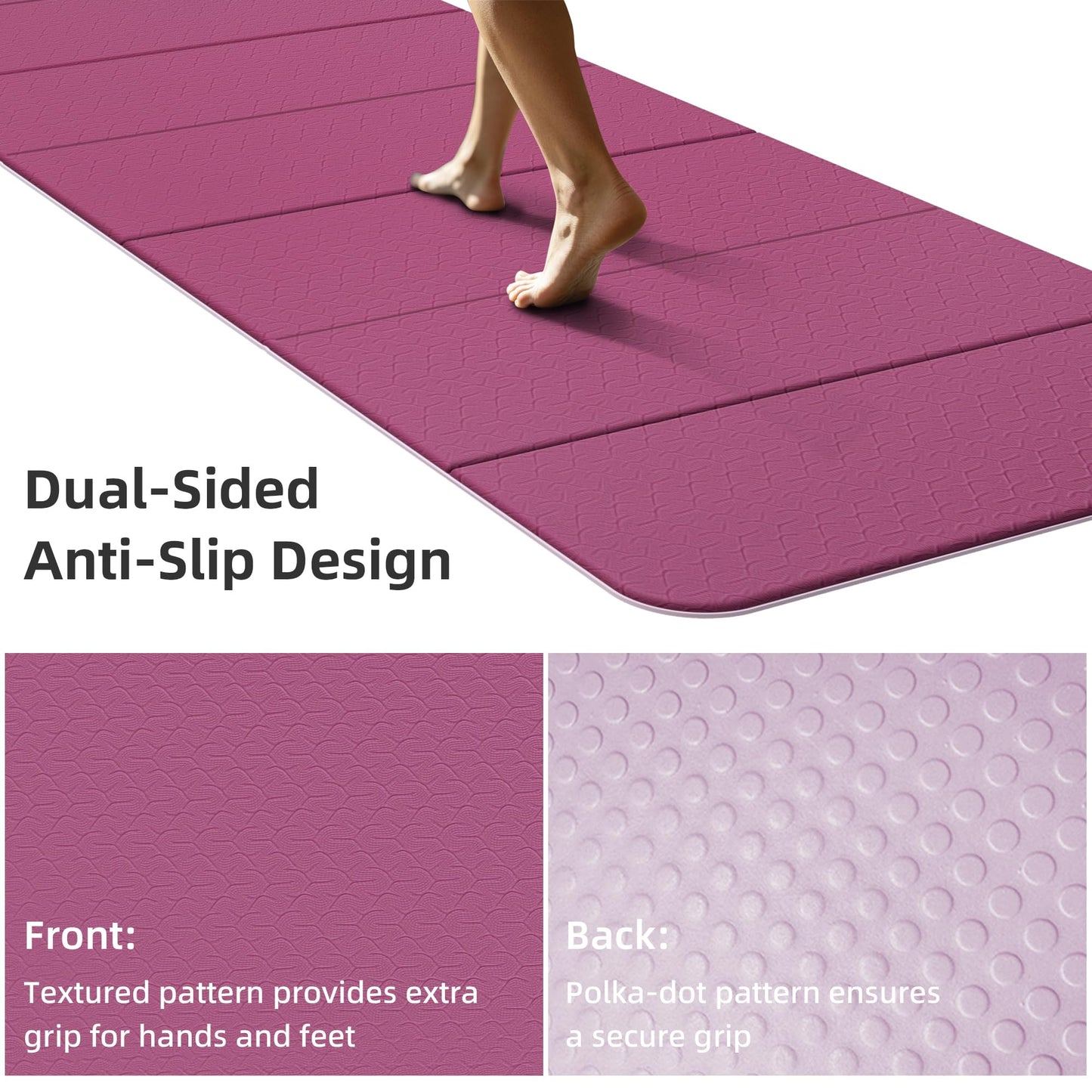 HAHE Extra Wide Folding Exercise Mat 75"x40"x0.4" TPE Fitness Mat, High Density Non-Slip Yoga Mat for Home Gym, 7-Fold Portable for Women, Men, Strength Training, Travel, Floor Exercises (Deep Pink & Light Pink)