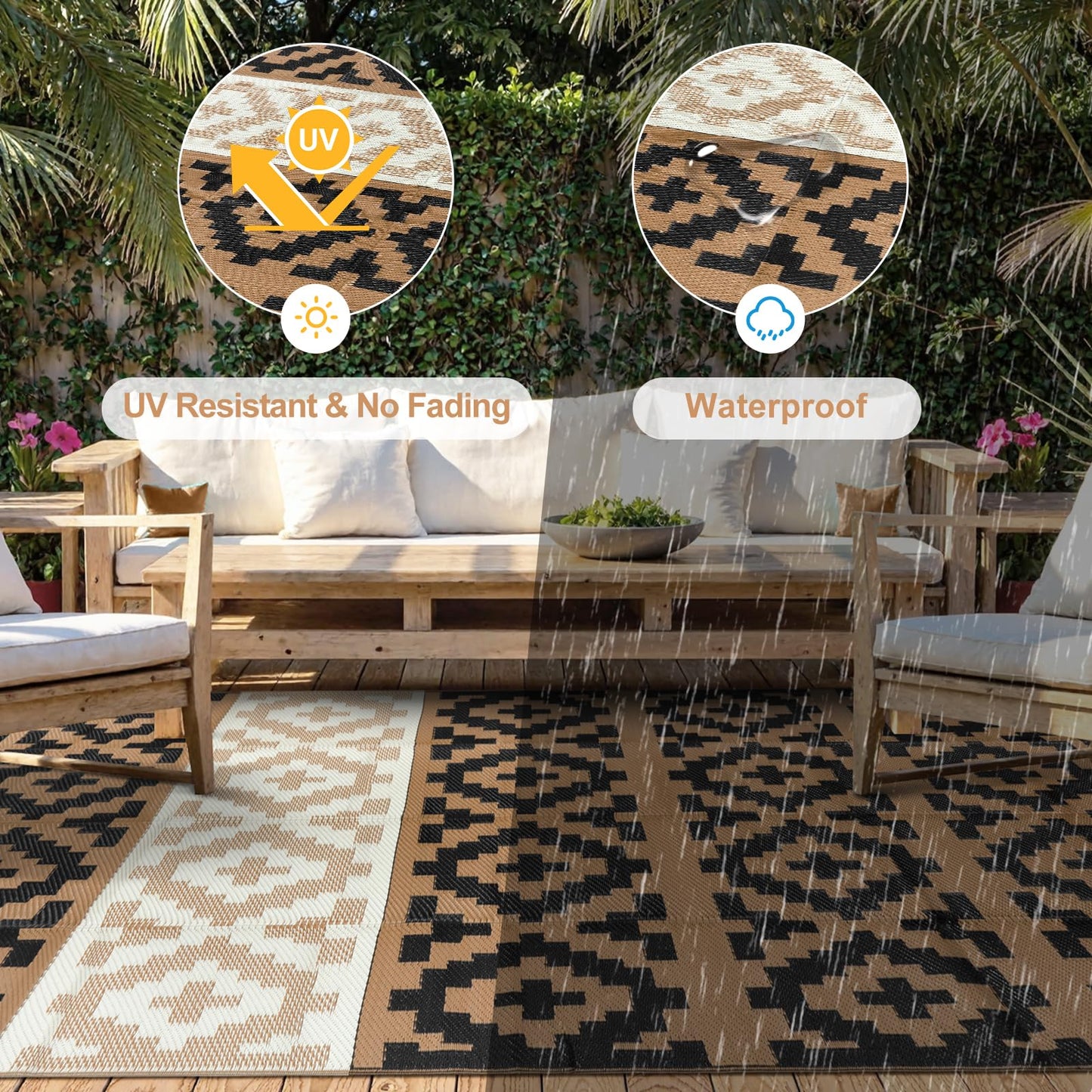 Anidaroel Outdoor Rugs 8x10 for Patios Clearance, Reversible Plastic Straw Outside Rug, Large Outdoor Area Rug RV Camping Mat for Deck, Backyard, Picnic, Beach, Trailer(Black&Brown, 8‘x10')