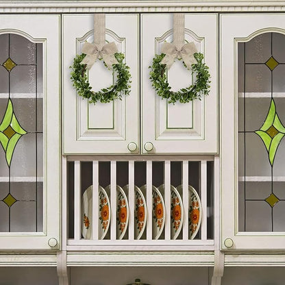 WILLBOND 4 Pcs Christmas Kitchen Cabinet Wreath Boxwood Garland with Ribbon Greenery Garland Hanging Wreaths for Cabinet Wall Window Door Fireplace Party Farmhouse Decor(Burlap,Linen)