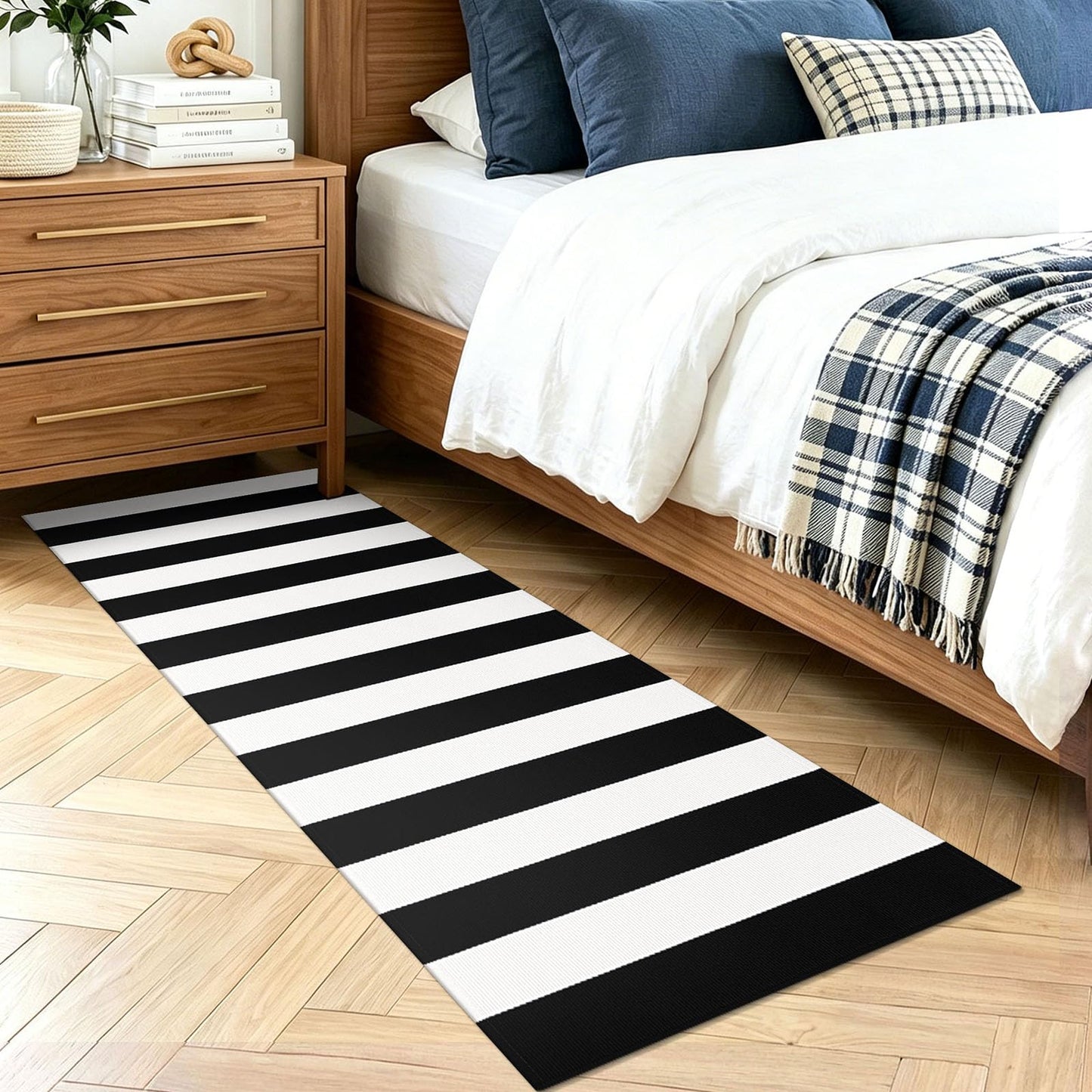 KOZYFLY Black White Striped Runner Rug 2x6 ft Woven Washable Hallway Runner Cotton Farmhouse Kitchen Rug for Entryway Porch Patio Laundry Room