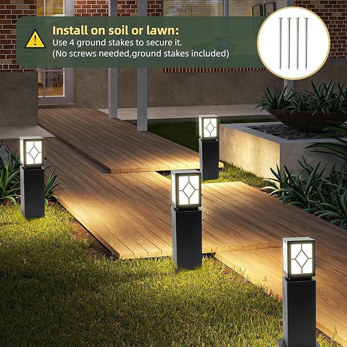 2Pack Landscape Path Lights 24" IP65 Waterproof Bollard Lights, Heavy Duty Steel Stable Widened Base E27 Lamp Holder, Modern Outdoor Path Lights Bollard for Lawn, Patio, Courtyard, Driveway, Lozenge
