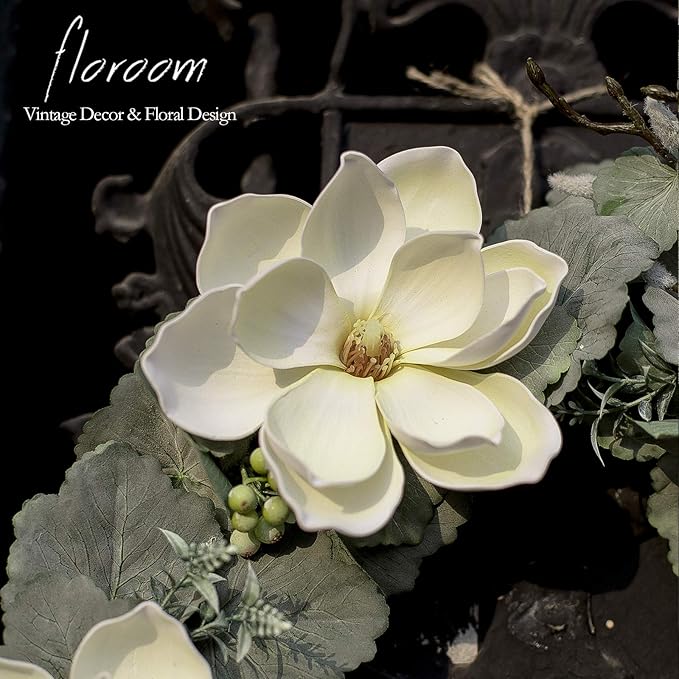 Floroom Floral Wreath, 18" Artificial White Magnolia Wreath for Front Door Wedding Decorations Wall Decor