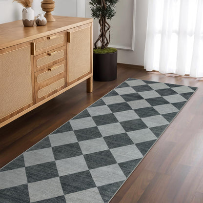 Beeiva Checkered Print Hallway Rug 2x6, Ultra Thin Kitchen Rug Runner Non Slip Washable Carpet Runners for Hallway 6ft, Modern Diamond Stain Resistant Floor Carpet for Bathroom Bedroom Entryway