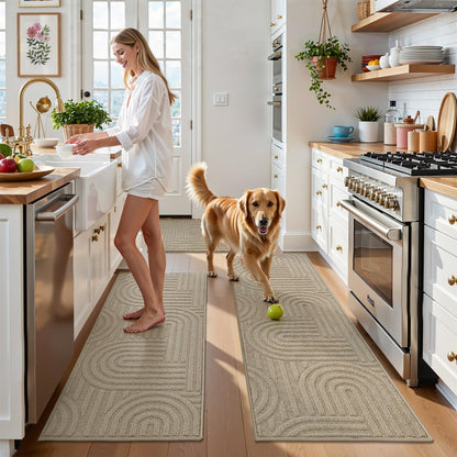 U'Artlines Kitchen Rugs and Mats Set of 3, Non Skid Washable Beige Geometric Kitchen Mats for Floor, Absorbent and Stain Resistant Floor Mat for Laundry, Sink Decor 20x32+20x48+20x59