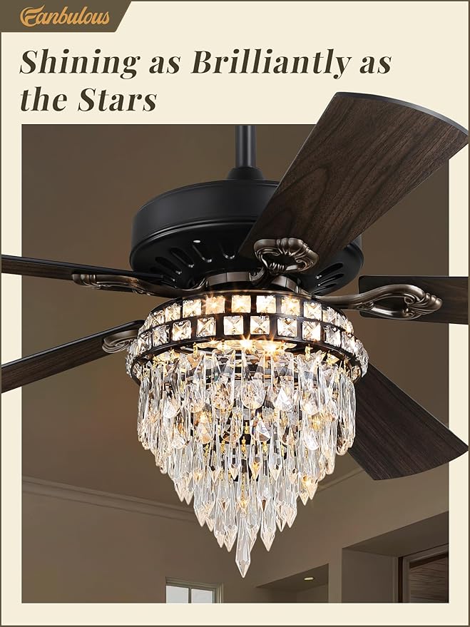 Fanbulous 52 Inch Farmhouse Fandelier Ceiling Fan with Light, Crystal Ceiling Fans Chandelier with 6 Speeds, Quiet Reversible Noiseless DC Motor, 3CCT, Indoor Ceiling Fan for Living Room Bedroom