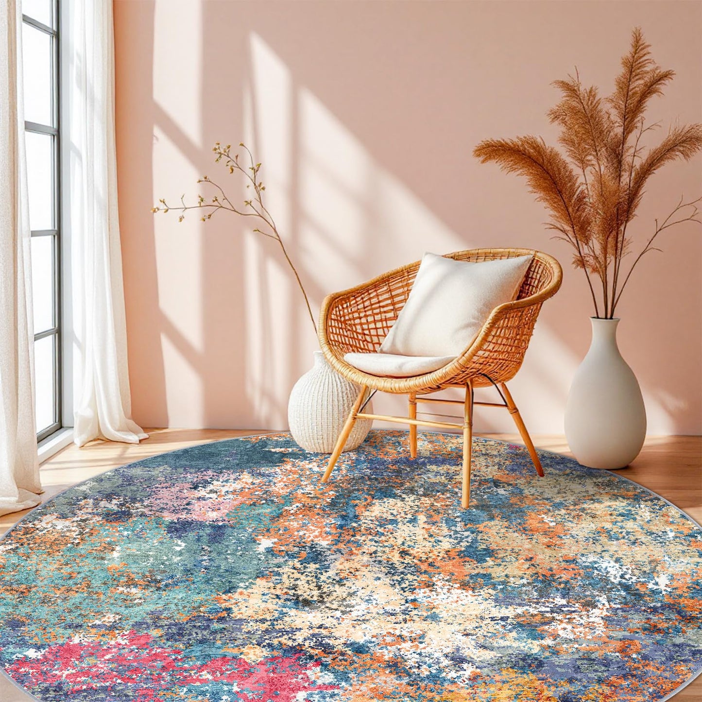 RUUGME Abstract 6ft Round Rug - Large Washable Rugs for Living Room Abstract Colorful Rug Indoor Non Slip Low Pile Carpet Bedroom Soft Foldable Stain Resistant Distressed Thin Mat 6ft Colorful/Multi