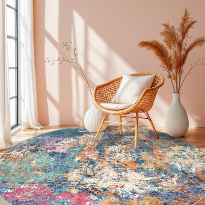 RUUGME Abstract 6ft Round Rug - Large Washable Rugs for Living Room Abstract Colorful Rug Indoor Non Slip Low Pile Carpet Bedroom Soft Foldable Stain Resistant Distressed Thin Mat 6ft Colorful/Multi