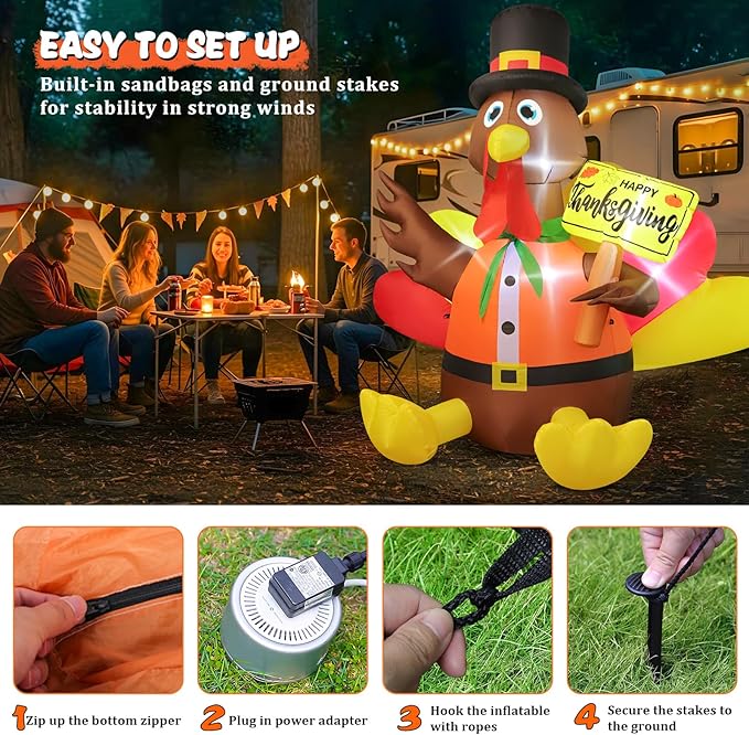FunFanso 6 FT Thanksgiving Inflatable Turkey Outdoor Decoration, Blow Up Turkey with Pilgrim Hat and Colorful Tail, Holding Happy Thanksgiving Sign, Built-in LED Light for Autumn Holiday Harvest Party