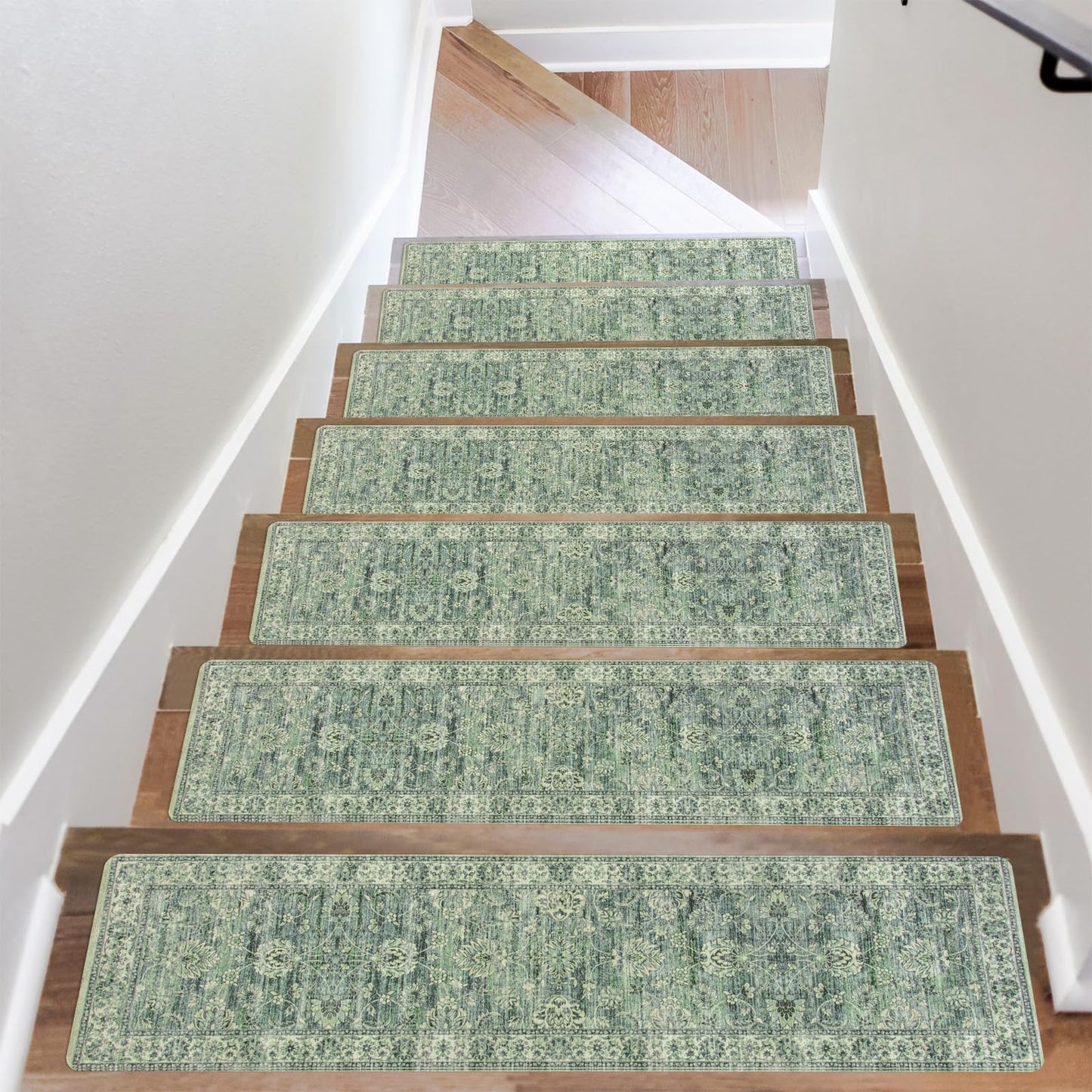OJIA Extra Non-Slip Stair Treads for Wooden Steps, 30"X8" Indoor Stair Runners Slip Resistant Stair Rugs Safety Mats for Dogs, Kids & Elders, Rubber Backed Stair Treads Stair Covers, 15PC, Green