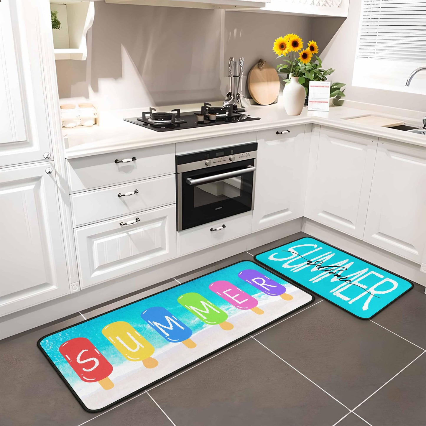 Lumiprinta Summer Blue Kitchen Rugs and Mats Set of 2, Seasonal Microfiber Washable Non-Slip Floor Mats for Home Kitchen Decor 17"x47"+17"x30"