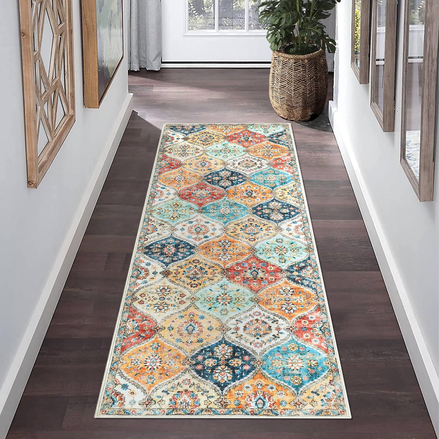 ROYHOME Runner Rug Washable Moroccan Trellis Hallway Runner Rug Entryway Rug, Stain Resistant Non-Slip Vintage Distressed Bedroom Rug Runner Entrance Carpet for Laundry Kitchen, Cream, 2' x 6'
