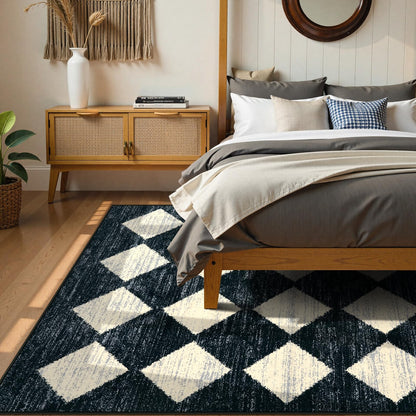 Lahome Zelie Checkered Washable 8 x 10 Area Rugs for Living Room, Black Bedroom Rug 8x10 Under Bed, Geometric Trellis Soft Ultra-Thin Indoor Carpet for Dining Room Dorm Kids Playroom (8'x10',Black)
