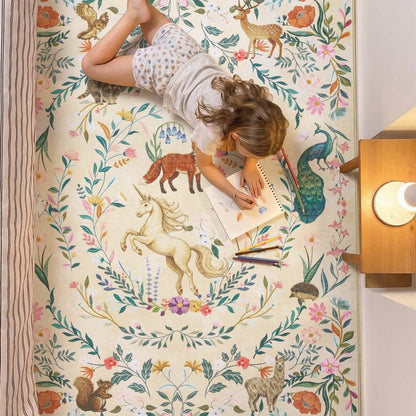 jinchan Moonrise Area Rug 8x10 Kids Room Rug Washable Unicorn Rug Soft Non-Slip Low Pile Fairytale Woodland Animals Floral Carpet for Classroom Nursery Playroom Bedroom Living Room Daylight Cream