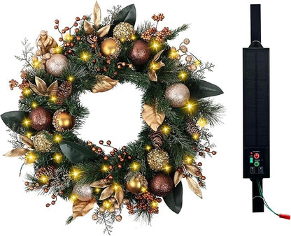 Solar Christmas Wreath 28 Inch Pre-Lit Solar 50 Led Artificial Wreath for Front Door Window Home Decor Decorated with Golden Pine Cones Christmas Balls Glitter Pine Branches(2811)