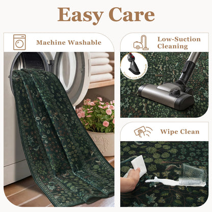 Jainmy Woodland Floral Animal 5x7 Washable Rugs for Living Room, Whimsical Tree of Life Natural Area Rug for Bedroom Nursery, Low Pile Thin Carpet Rugs for Dining Room Home Office Non Slip, Dark Green