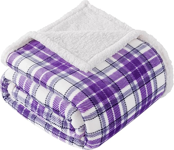 Touchat Sherpa Plaid Throw Blanket, 60" X 70"Fuzzy Fluffy Cozy Soft Blanket, Fleece Flannel Plush Twin Size Microfiber Blanket for Couch Bed Sofa,Purple