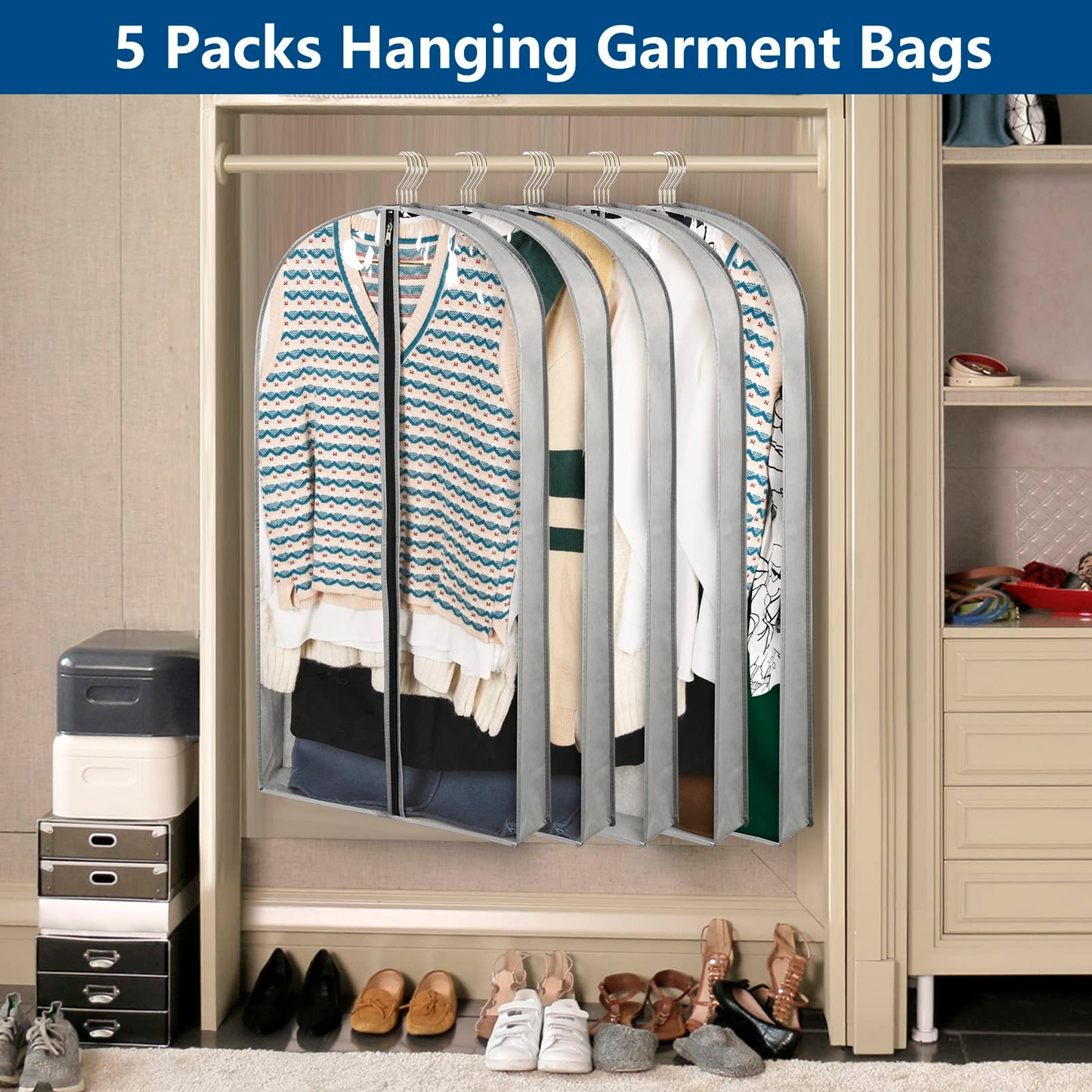 Belinlen 5 Pack 40" Garment Bags for Hanging Clothes Storage, Clear Suit Garment Bags with 4" Gussets for Closet Storage Travel, Plastic Protector for Coat, Jacket, Sweater, Shirts