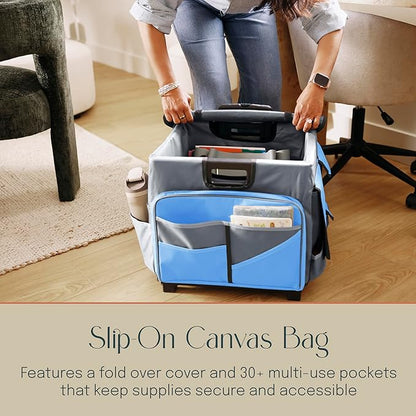 Mobile Folding Utility Cart with Canvas Storage Organizer Bag, Rolling Cart, Blue/Grey
