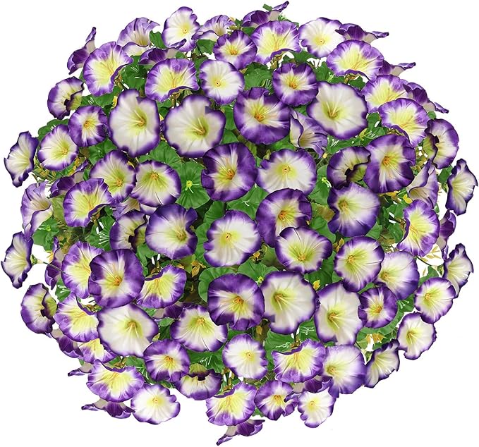 Artificial Hanging Flowers Basket, Fake Plants, Faux Silk Petunias Eucalyptus, for Spring Summer Outdoor Decoration, UV Resistant, Coconut Planter wtih Morning Glories, for Patio Garden Decor (Purple)