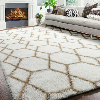 ONASAR Rugs for Living Room Bedroom, 5x8 Fluffy White and Beige Area Rug, Geometric Boho Soft Plush Shaggy Floor Carpet Mat for Nursery Kids Girls Boys Teen Dorm Home Decor Aesthetic