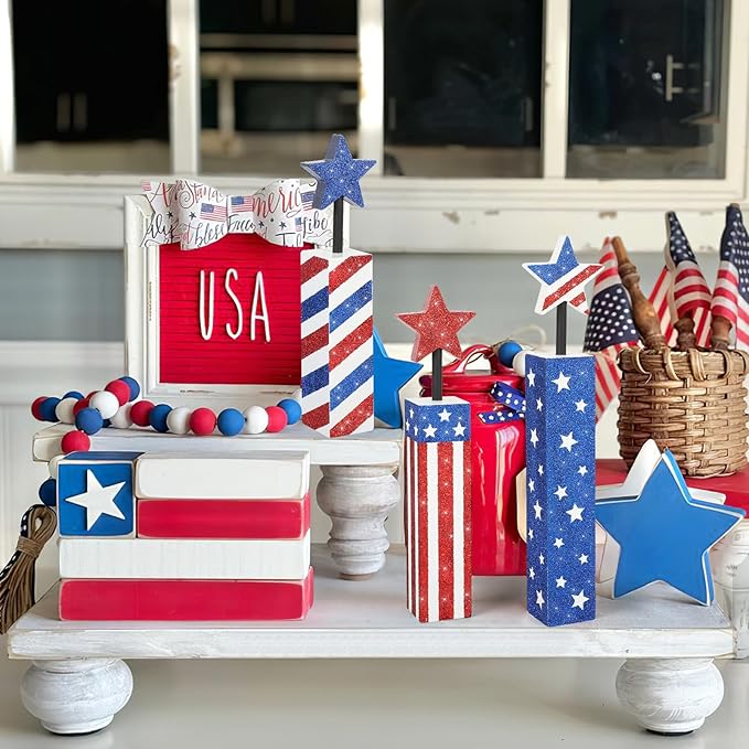 COCHIE 4th of July Decorations Set, Red White Blue Decor, Wooden Patriotic Memorial Day Tiered Tray Decor, Labor Day Decorations, Fourth of July Decoration for Home Office Table (Flag Shinny)