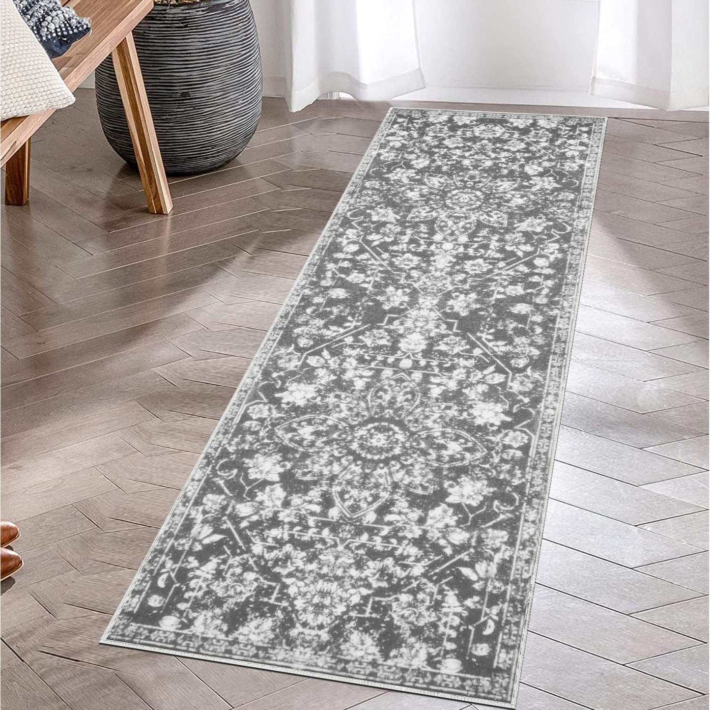 Pauwer Vintage Flower 2'X6' Runner Rug Distressed Runner Rug Non Slip Hallway Runner Washable for Kitchen Living Room Bedroom Entryways Hallways (Grey, 2'X6' Ft)