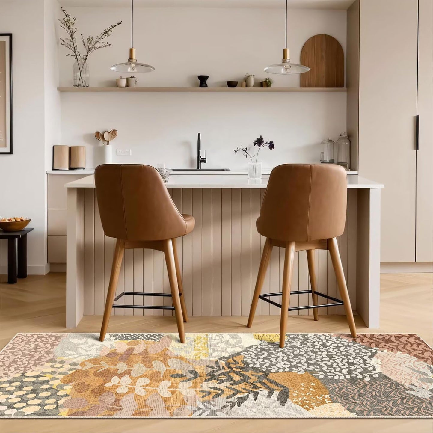 DEXDE Runner Rug 2x6 Fall Washable Hallway Boho Soft Area Rugs Abstract Long Non Slip Botanical Leaves Floral Print Carpet for Entryway, Kitchen, Laundry, Bathroom, Bedroom,Camel