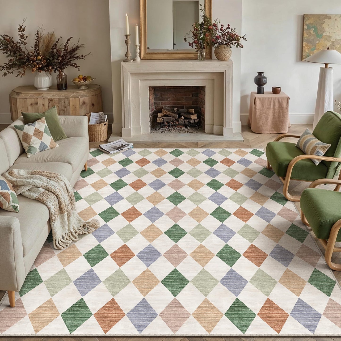WondRg 8x10 Checkered Washable Area Rug for Living Room Bedroom Colorful Soft Modern Non Slip Large Throw Rug Lightweight Low Pile Neutral Carpet Dining Room Office Classroom Nursery Playroom